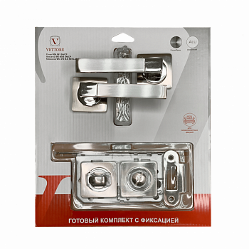 Дверная ручка VETTORE R06.081 SN/CP в комплекте с поворотником VETTORE BK 0605 SN/CP и врезным механизмом под фиксатор VETTORE WC 410 B-S KEVLAR SN/CP (Сатин/Хром)