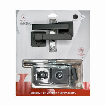 Дверная ручка VETTORE R06.081 MBP в комплекте с поворотником VETTORE BK 0605 MBP и врезным механизмом под фиксатор VETTORE WC 410 B-S KEVLAR MBP (Черный матовый)